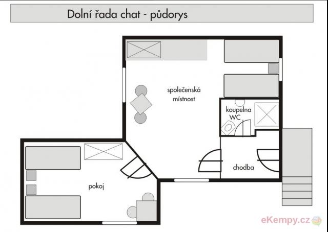 Rekreační středisko Královec 4L Bungalov horní, vlastní koupelnou a WC, kuch.kout, lednice, konvice